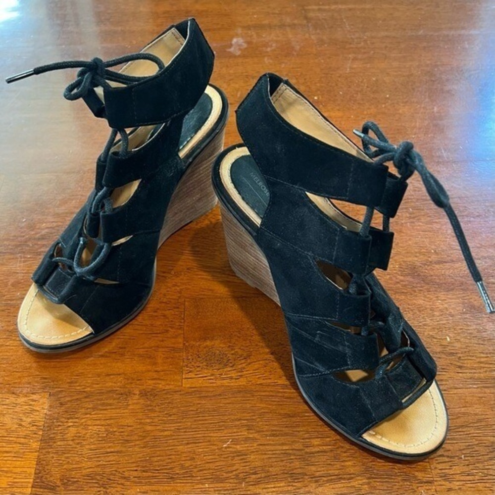 Melrose and Market 6M Black 4" Heels Wedge Sandalsβ with Gladiator Lace Design